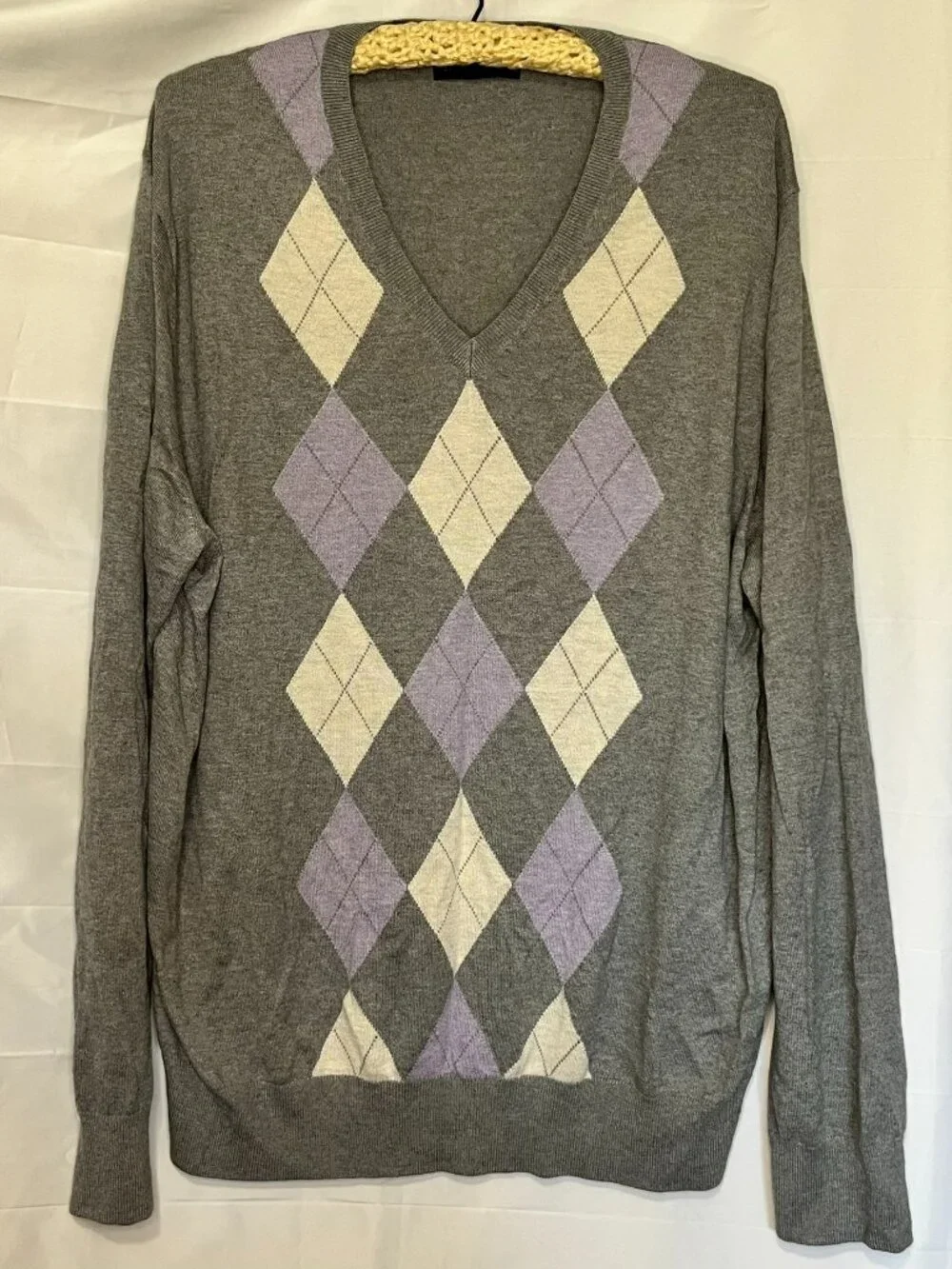 Banana Republic Men's V-Neck Sweater Gray Purple Argyle Cotton Cashmere XL
